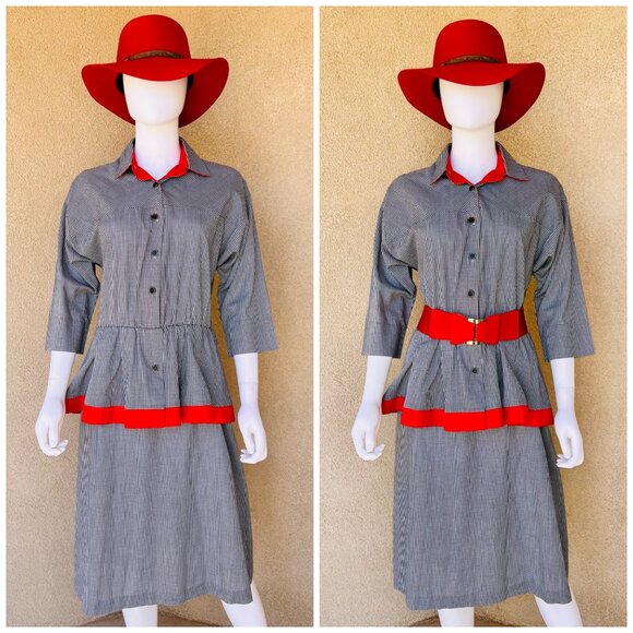 Vintage 80s Gingham Peplum Power Dress – M - Picture 2 of 7